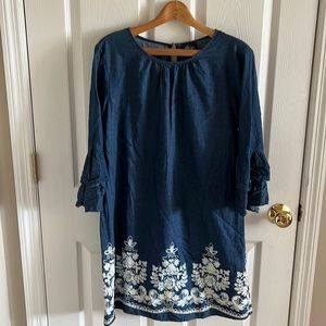 Beige By Eci Cottage Core Farmhouse Denim Inspired Dress With White Embroidery